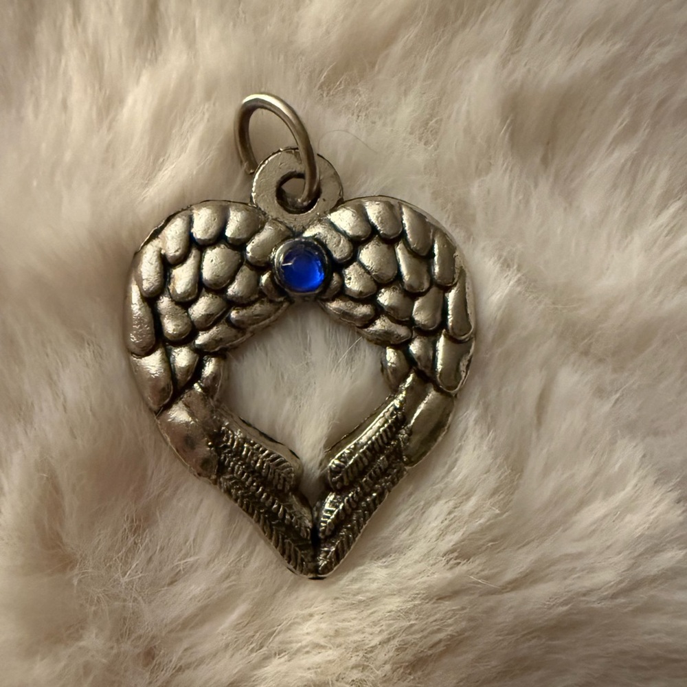 Silver Heart Wing Pendant Charm with Blue Gem